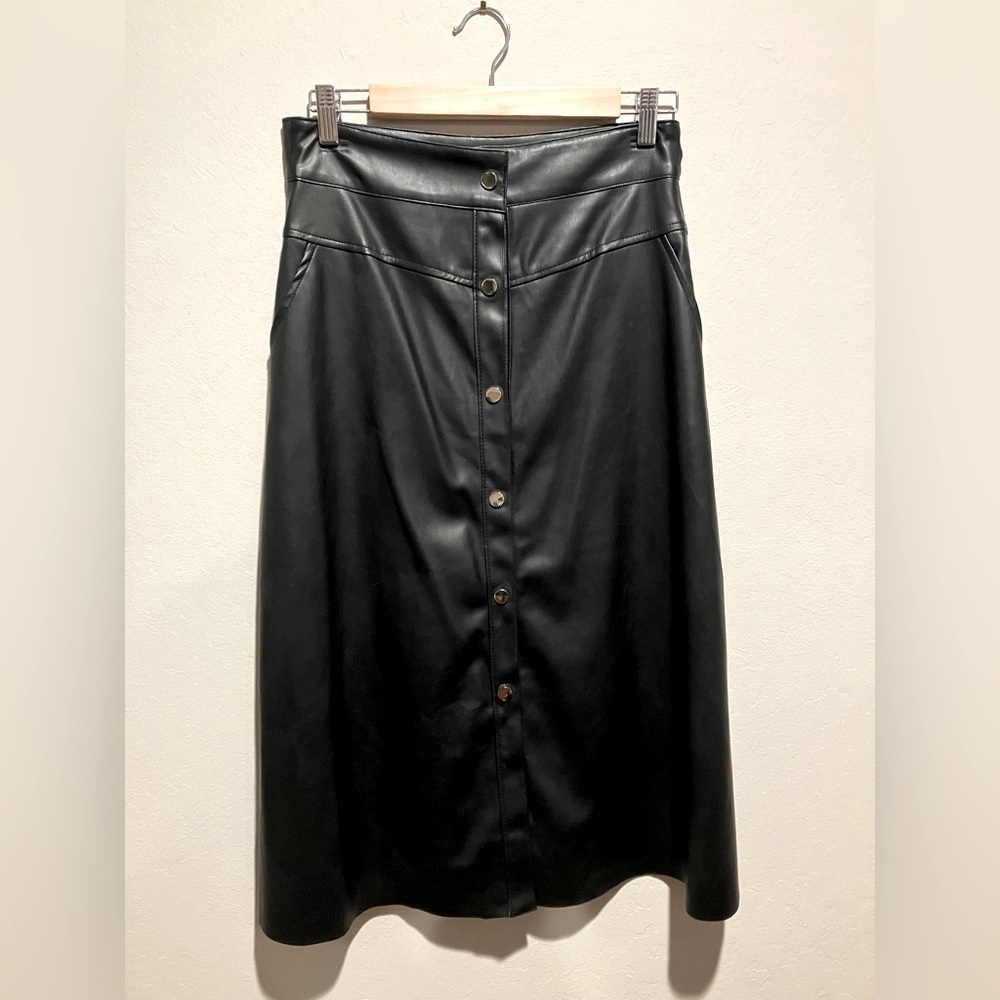 Philosophy A-line Midi Skirt | Faux Leather, Pockets | Size: S